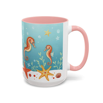 Ocean-themed accent coffee mug with seahorses and starfish design.