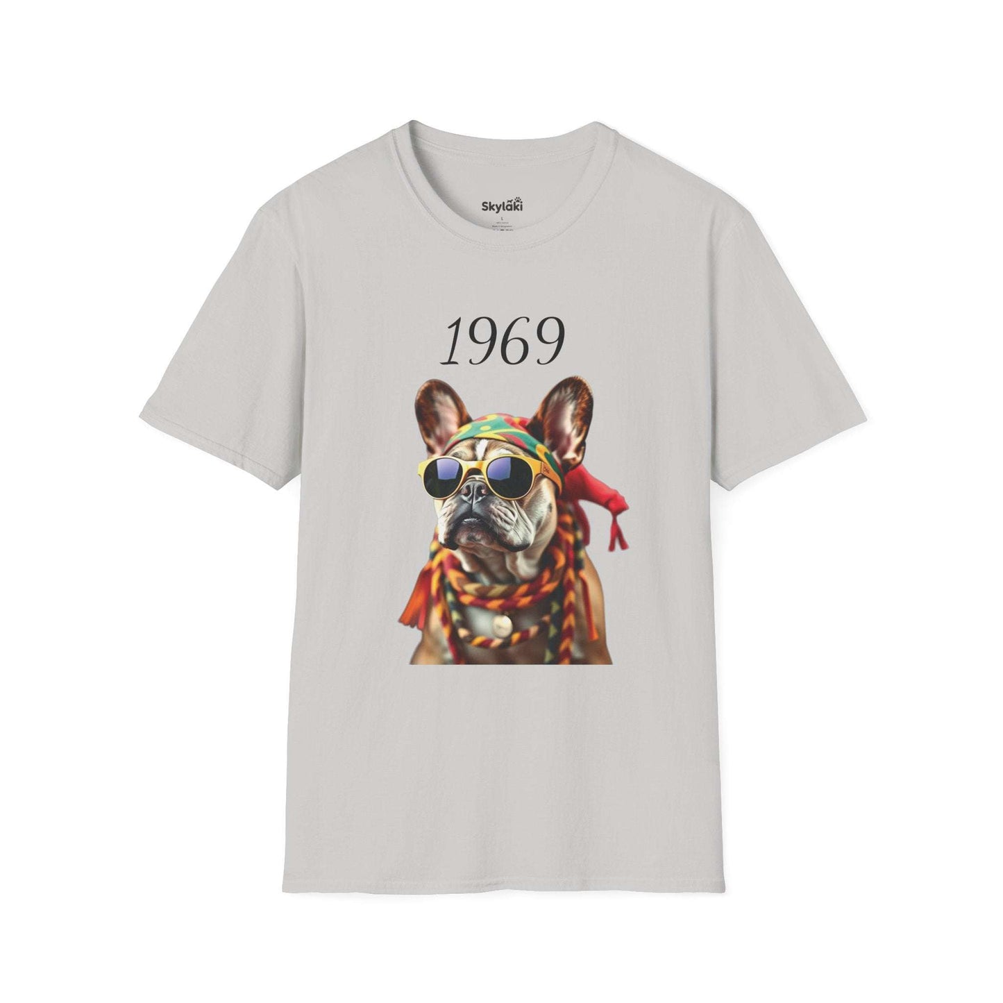 Vintage T shirt featuring colorful 1969 retro French bulldog portrait with sunglasses and headscarf on lightweight cotton tee
