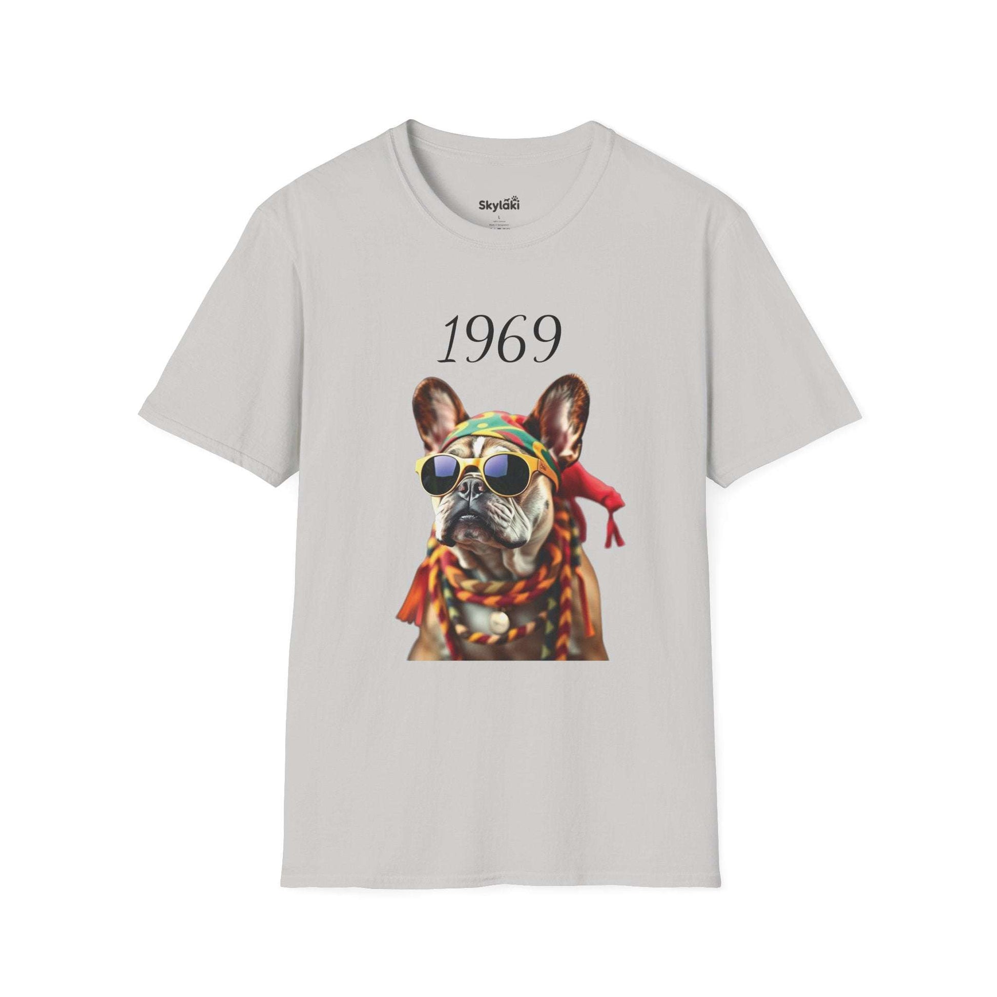 Vintage T shirt featuring colorful 1969 retro French bulldog portrait with sunglasses and headscarf on lightweight cotton tee