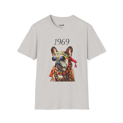 Vintage T shirt featuring colorful 1969 retro French bulldog portrait with sunglasses and headscarf on lightweight cotton tee