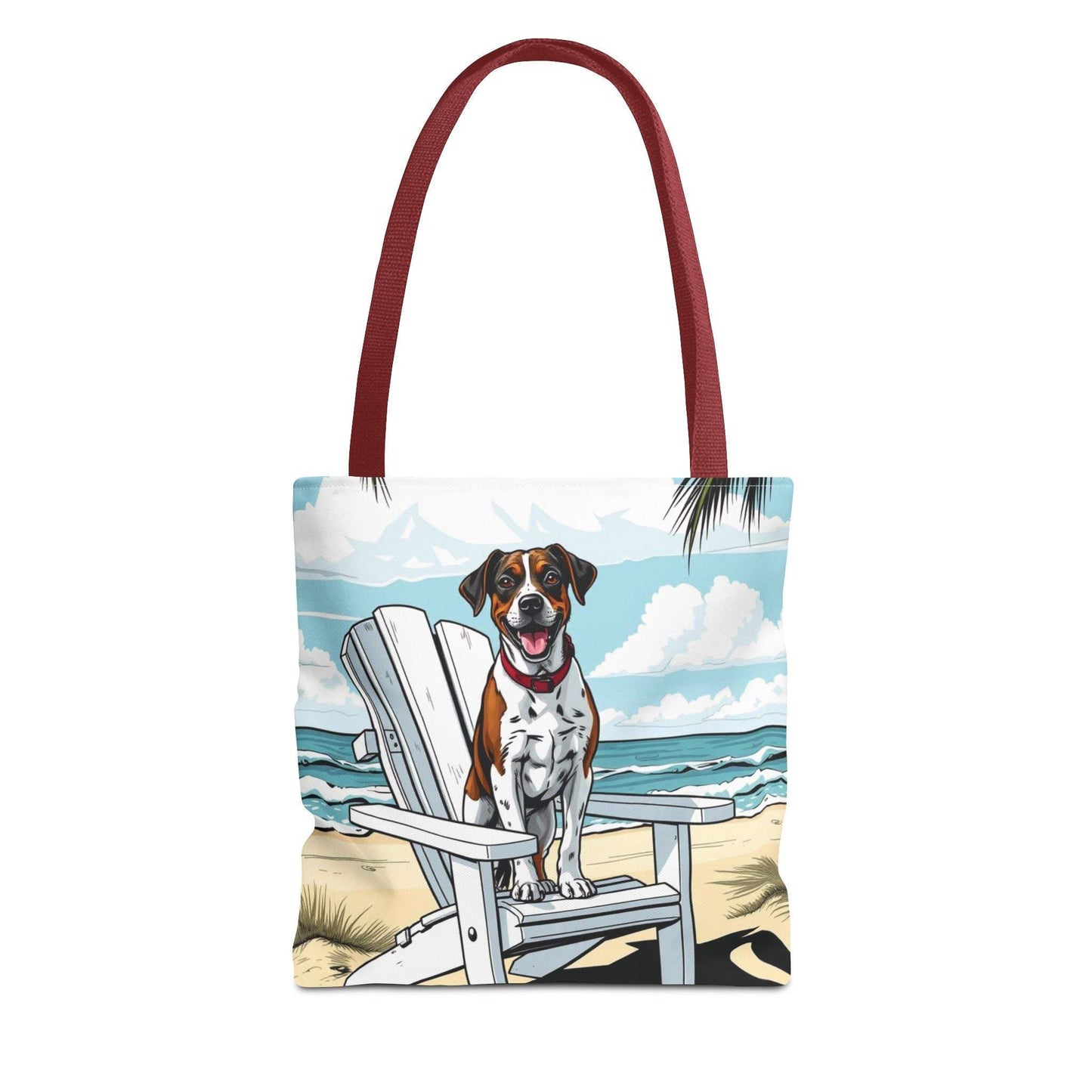 Beach tote bag with cheerful dog artwork, perfect for pet lovers and summer adventures.