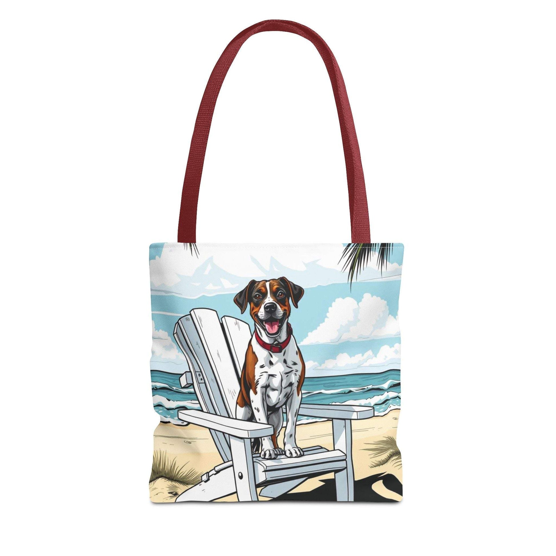 Beach tote bag with cheerful dog artwork, perfect for pet lovers and summer adventures.