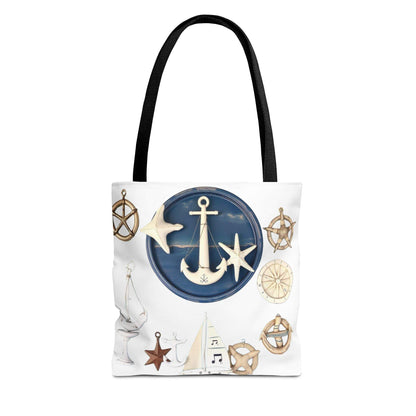 Nautical tote bag with anchor and star motif, durable polyester, beach carryall.