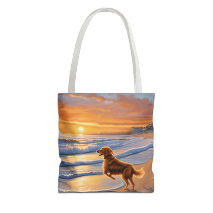 Canine on Beach Tote Bag with sunset design, durable polyester, 5 color handles.