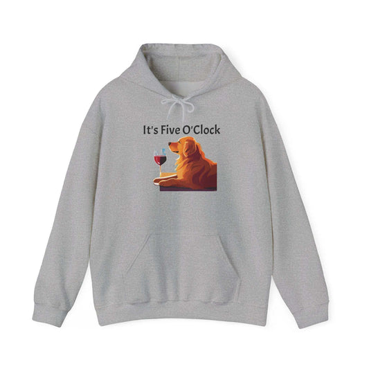 Unisex heavy blend sweatshirt with "It's 5 O'clock" design featuring dog and wine.