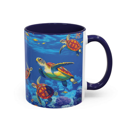 Colorful coffee mug with sea turtle design, ocean decor for nature lovers.