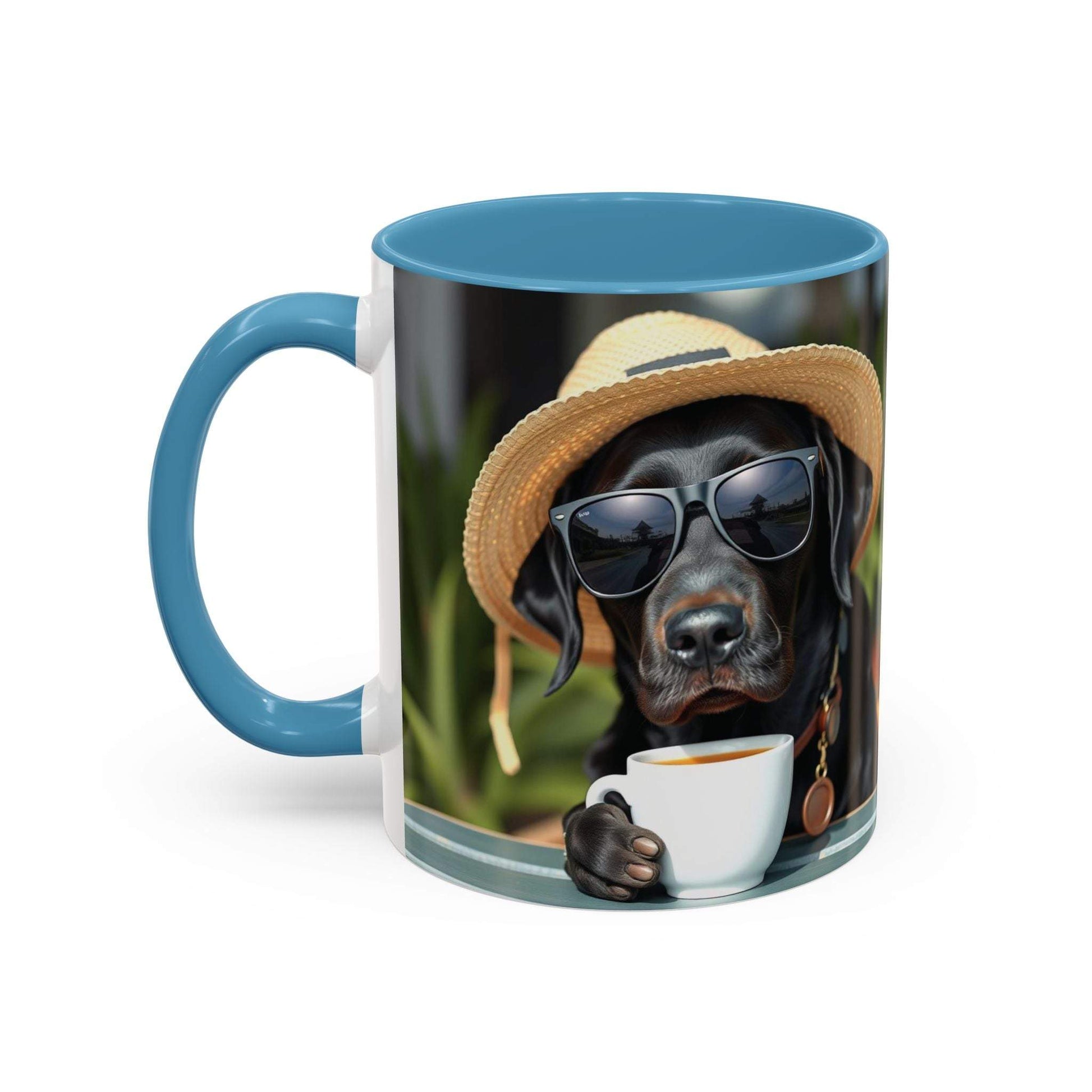 Coffee mug for dog lovers featuring playful design with dog in sunglasses; blue interior; available in 11/15oz sizes.