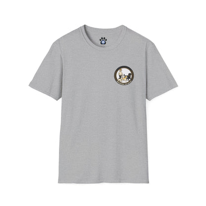 Black and white dog illustration on professional dog walker shirt by Skylaki Brand