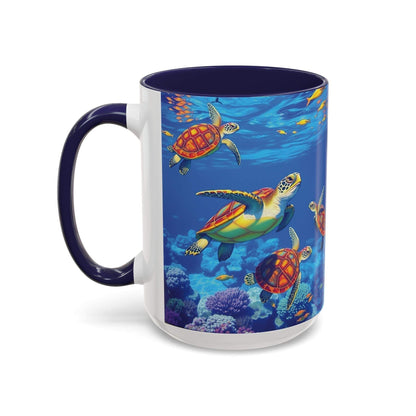 Colorful sea turtle coffee mug with ocean-themed design, vibrant colors, and glossy finish, perfect for nature lovers.