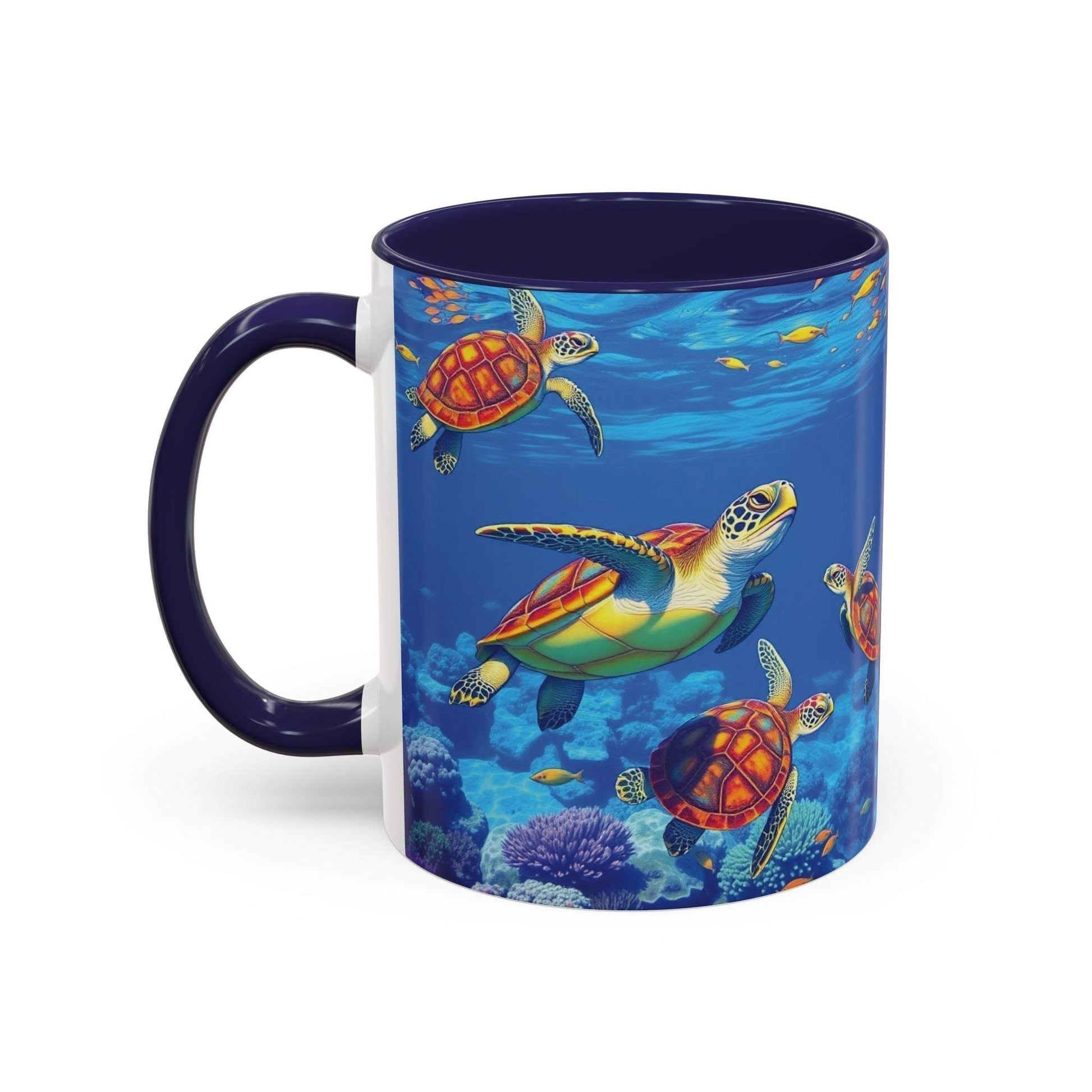 Coffee mug with colorful sea turtle design, vibrant ocean theme, microwave and dishwasher safe.