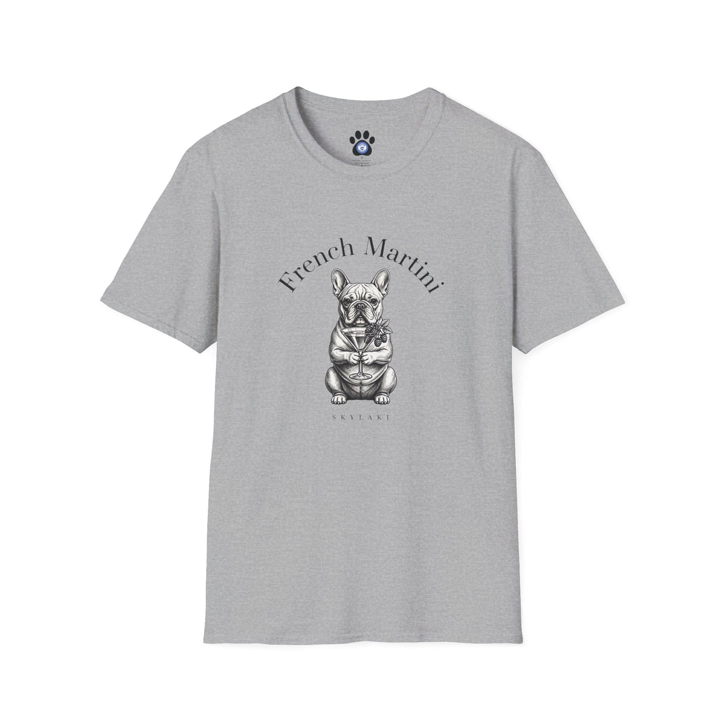 Black and white French Bulldog Martini T-Shirt by Skylaki featuring hand-drawn sketch and arched text on soft cotton fabric