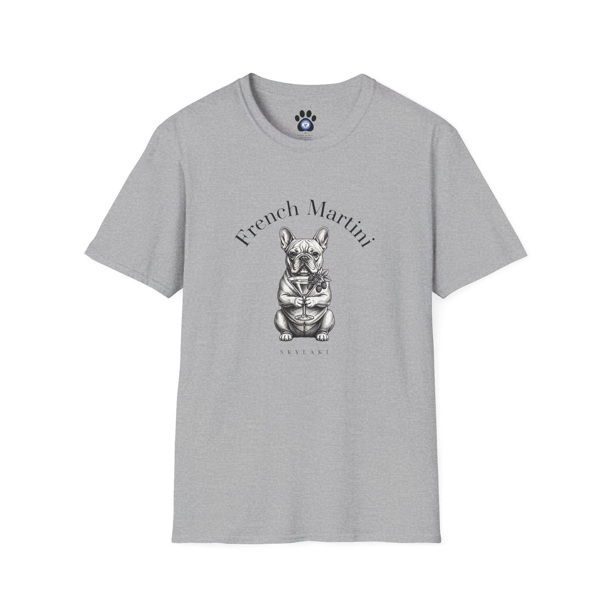 Black and white French Bulldog Martini T-Shirt by Skylaki featuring hand-drawn sketch and arched text on soft cotton fabric