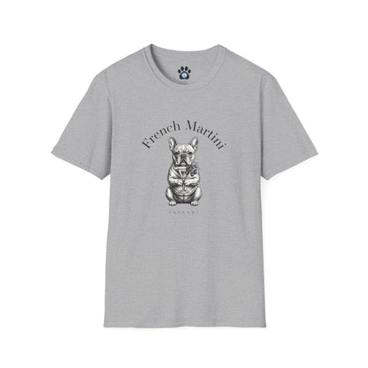 Black and white French Bulldog Martini T-Shirt by Skylaki featuring hand-drawn sketch and arched text on soft cotton fabric