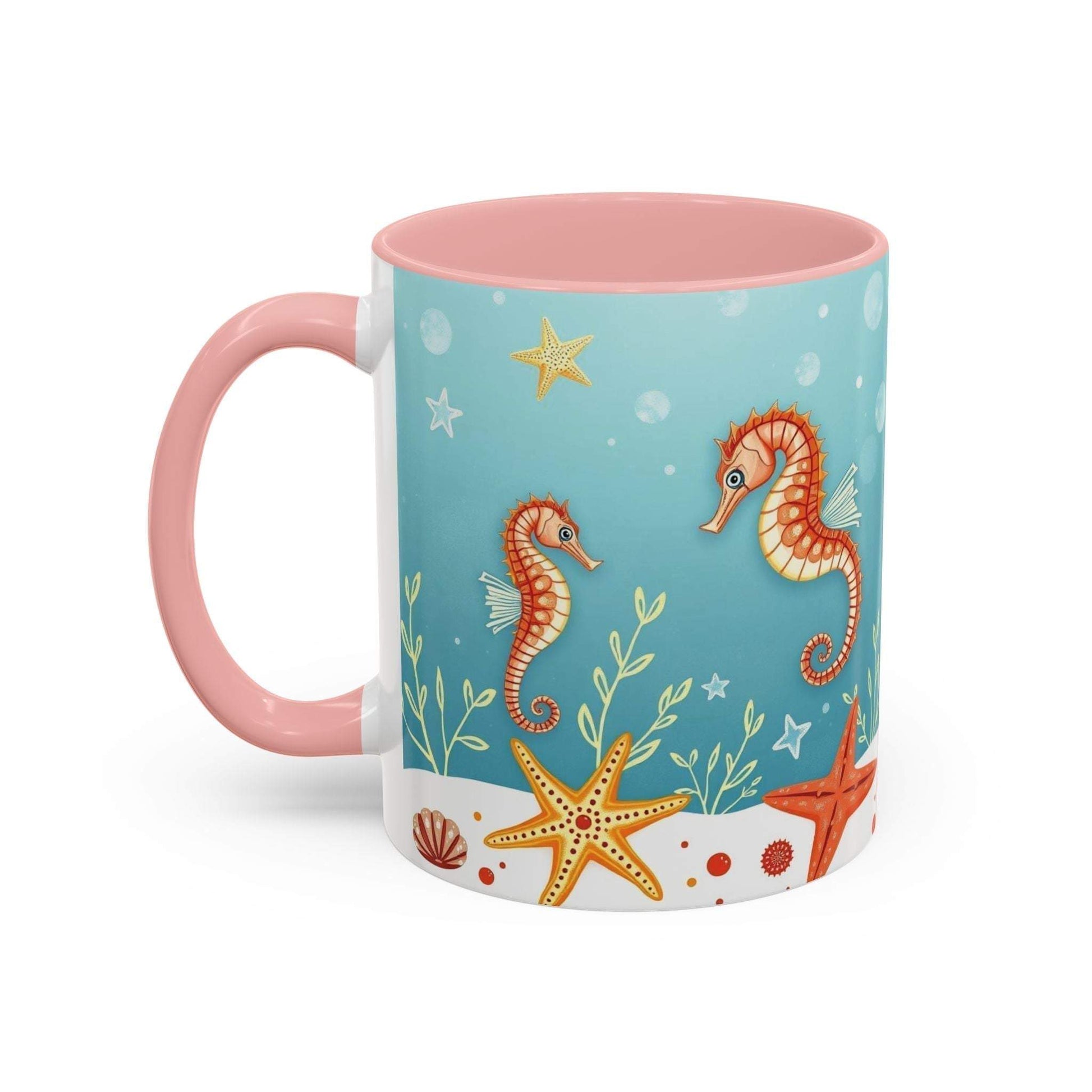 Ocean-themed accent coffee mug featuring seahorses and starfish design.