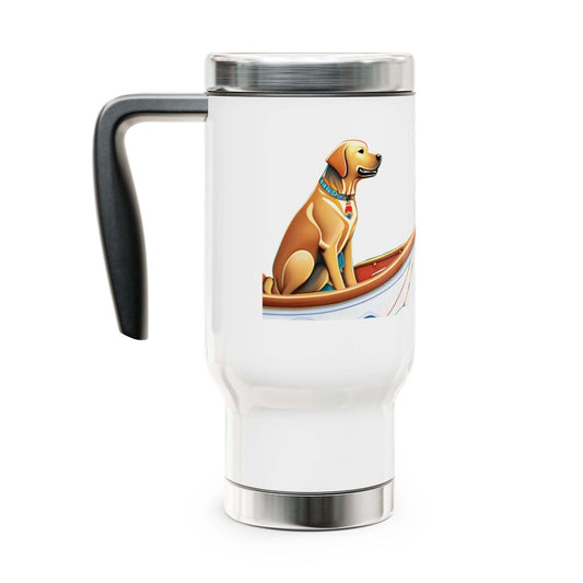 Stainless steel travel mug with handle, 14oz, featuring a glossy white enamel finish and dog design.