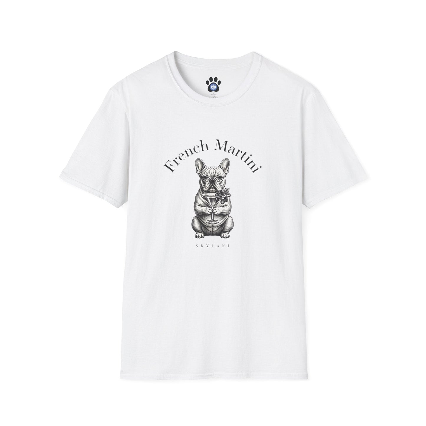 French Bulldog Martini T-Shirt by Skylaki featuring hand-drawn dog sketch and monochrome design on soft cotton fabric