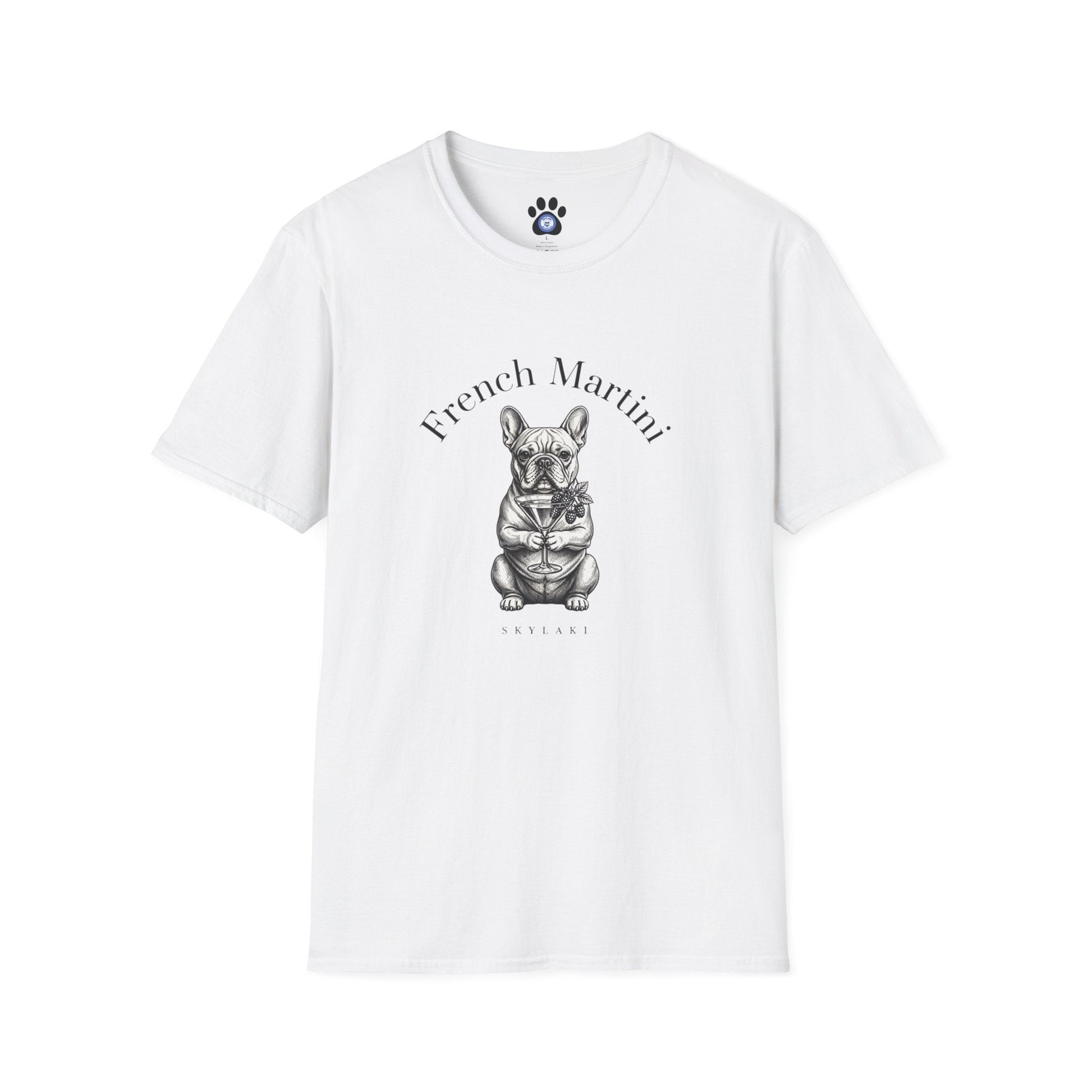 French Bulldog Martini T-Shirt by Skylaki featuring hand-drawn dog sketch and monochrome design on soft cotton fabric