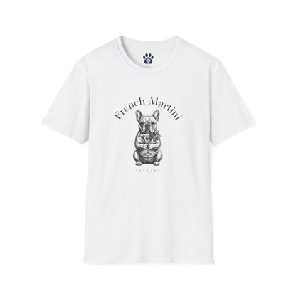 French Bulldog Martini T-Shirt by Skylaki featuring hand-drawn dog sketch and monochrome design on soft cotton fabric