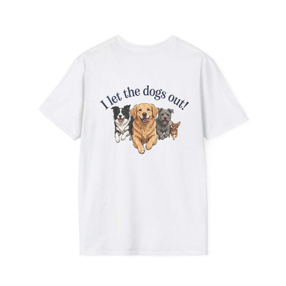 I let the dogs out funny dog shirt with paw print over heart on soft cotton tee