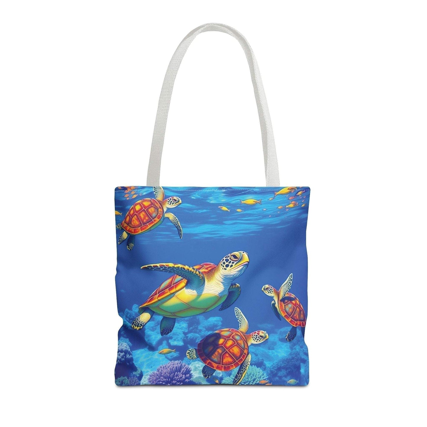 Colorful ocean life tote bag with turtles, vibrant underwater design, perfect for beach trips and eco-friendly style.