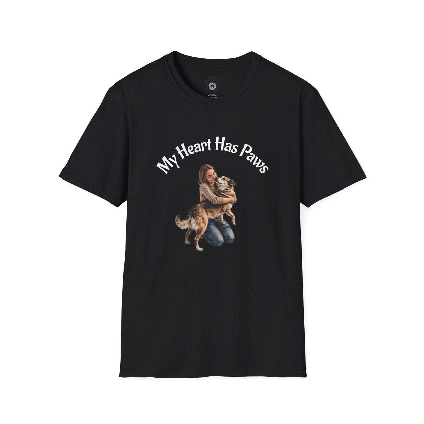 Dog Lover T-Shirt My Heart Has Paws soft cotton tee with hand-drawn dog embrace design