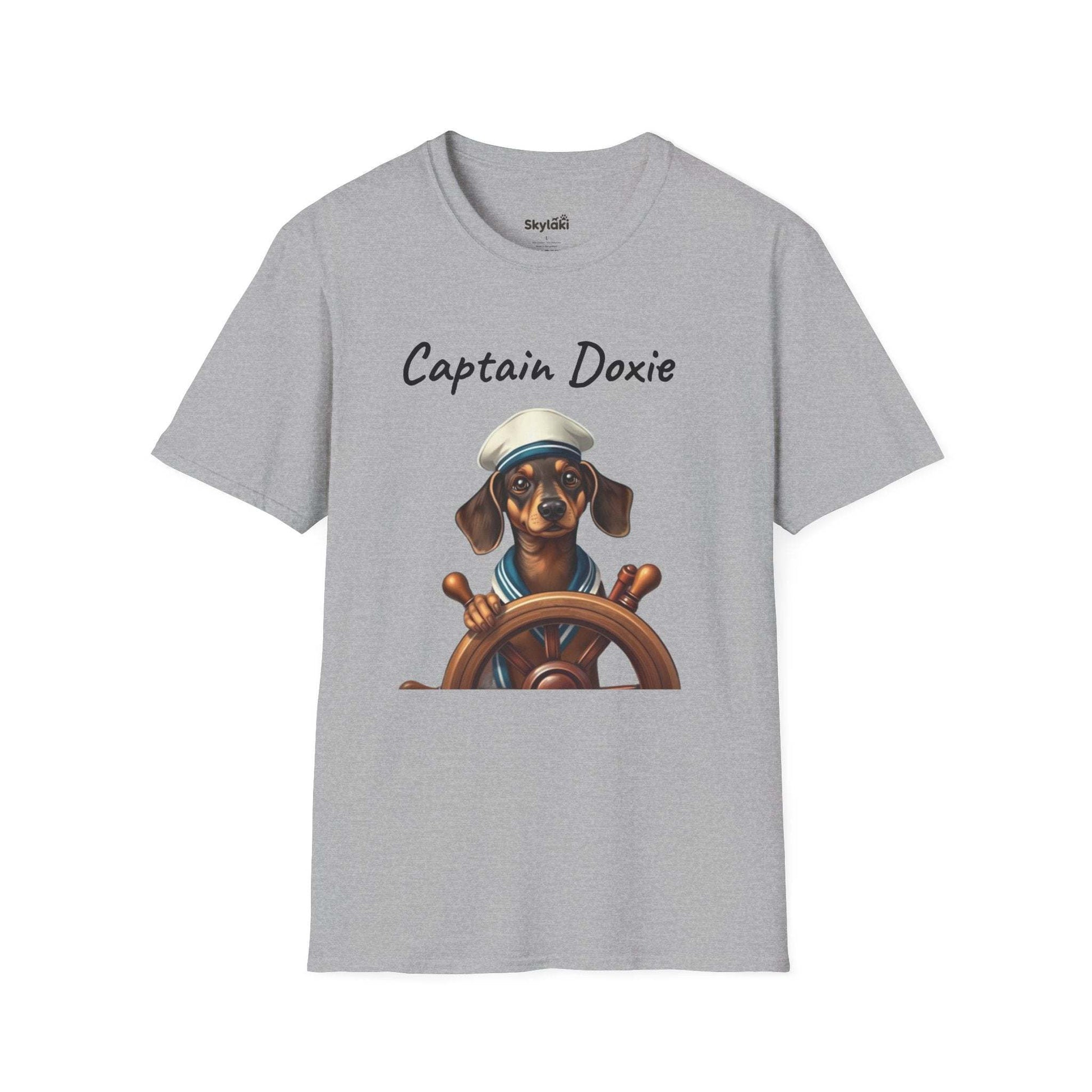 Unisex softstyle t shirt with nautical dog design and Captain Doxie text.