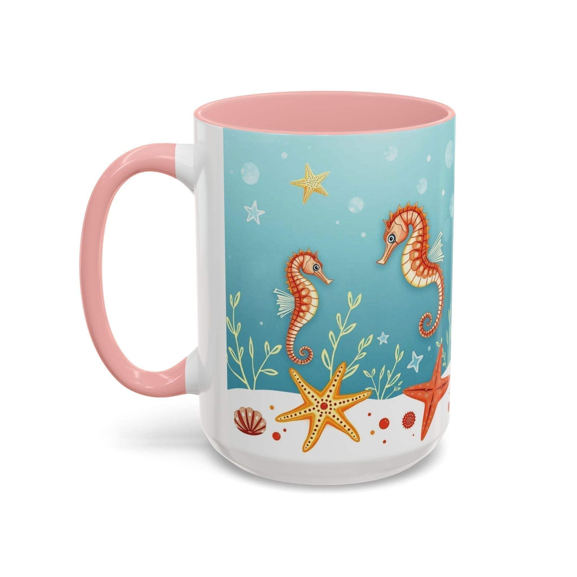 Ocean-themed accent coffee mug with seahorses and starfish design.