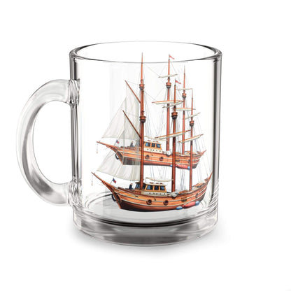 Nautical glass mug with tall ship design, 10oz, ergonomic handle.