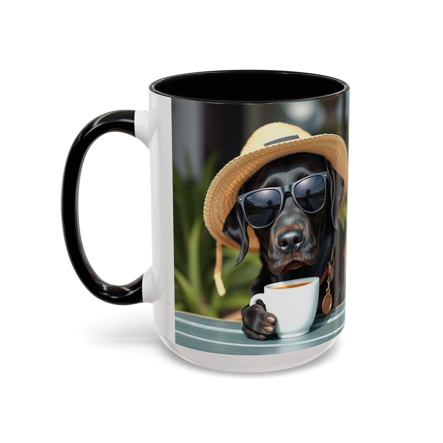 Coffee mug for dog lovers featuring a fun dog design with sunglasses, available in 11oz and 15oz sizes.