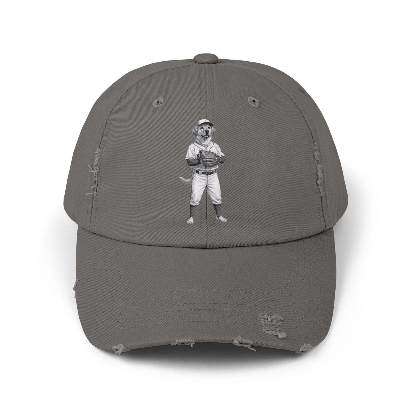 Distressed Baseball Cap with Vintage Baseball Dog Graphic