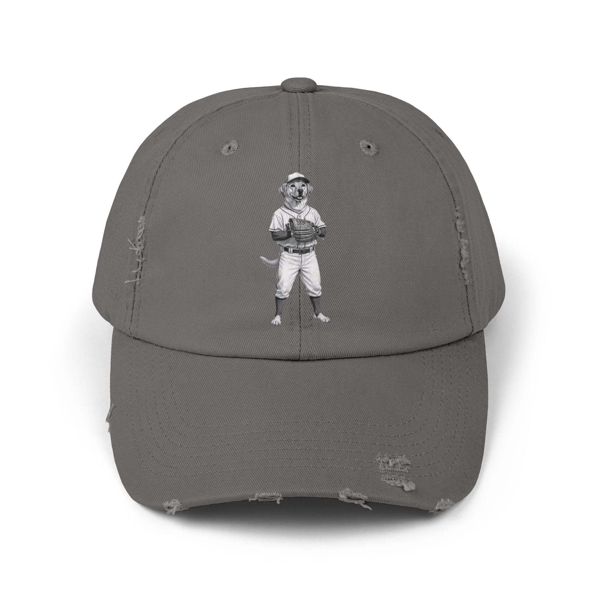 Distressed Baseball Cap with Vintage Baseball Dog Graphic