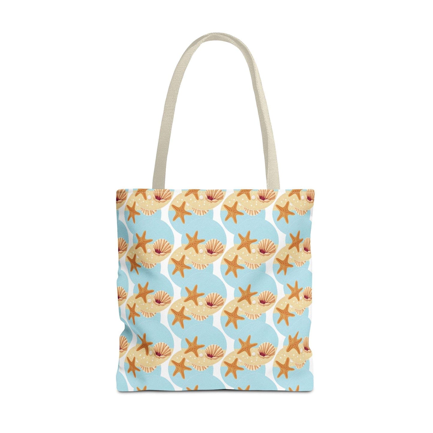 Seashell & Starfish Beach Tote Bag with coastal pattern and spacious design.