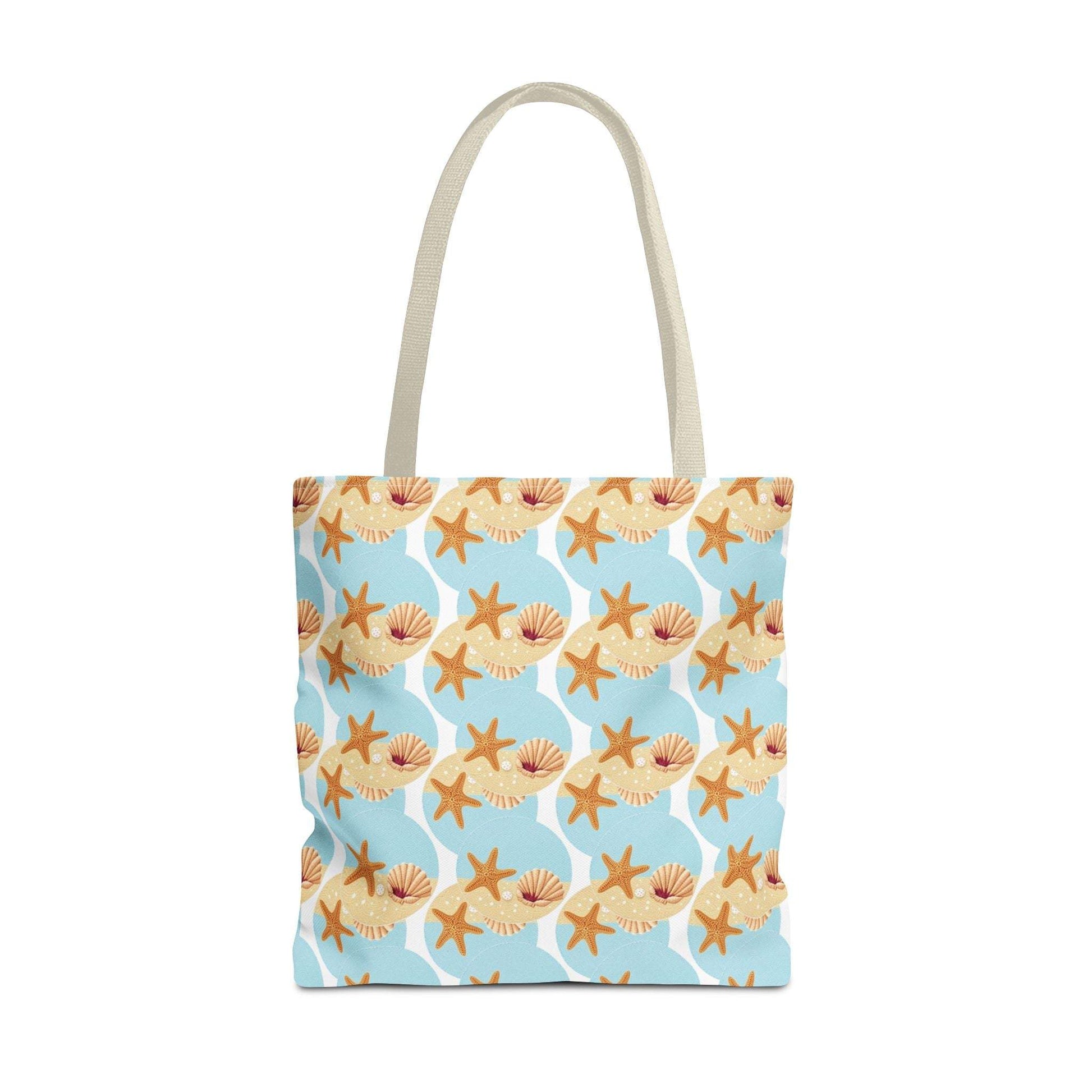 Seashell & Starfish Beach Tote Bag with coastal pattern and spacious design.