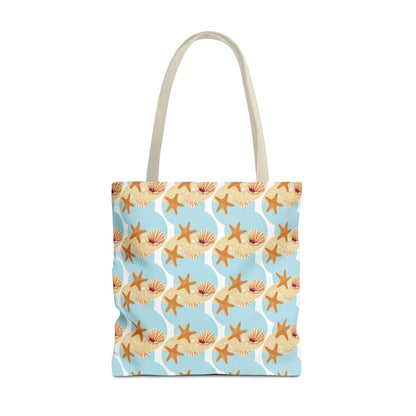 Seashell & Starfish Beach Tote Bag with coastal pattern and spacious design.