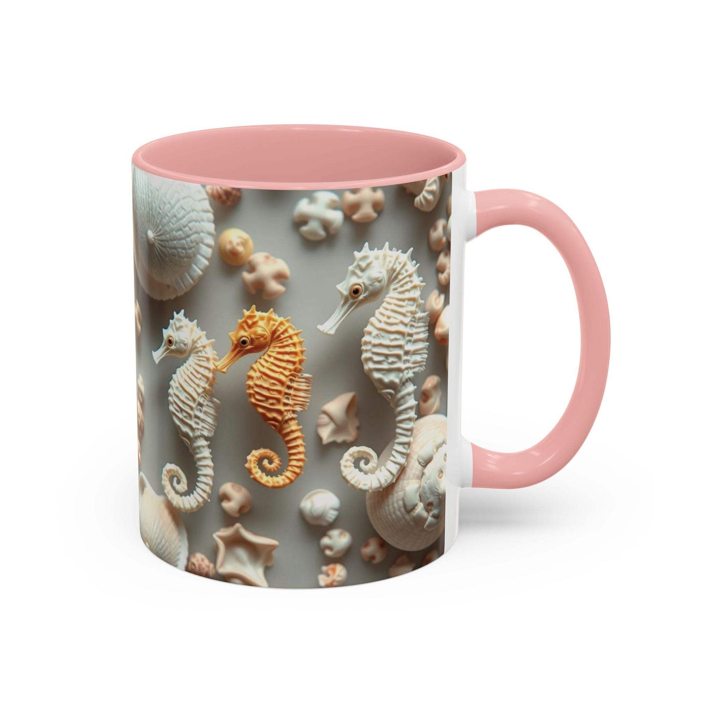Seahorse accent custom coffee mug with unique nautical design and vibrant pink handle for beach lovers.