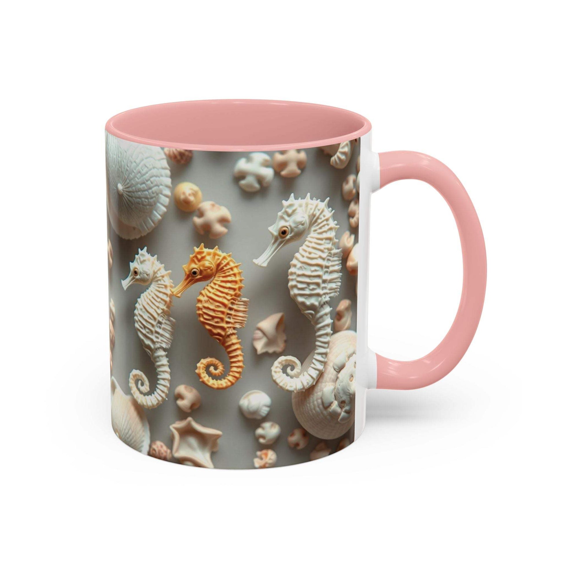 Seahorse accent custom coffee mug with unique nautical design and vibrant pink handle for beach lovers.