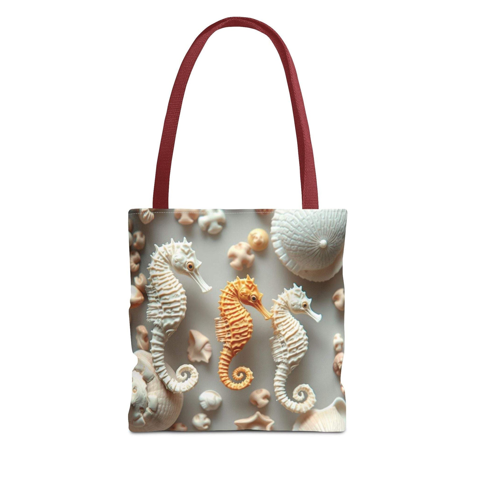 Seahorse-themed beach tote bag with vibrant seahorse imagery against a soft background, durable polyester construction.