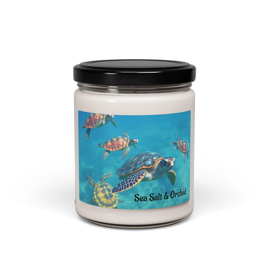 9oz soy candle in glass jar with Sea Salt & Orchid scent, featuring a serene ocean turtle design.