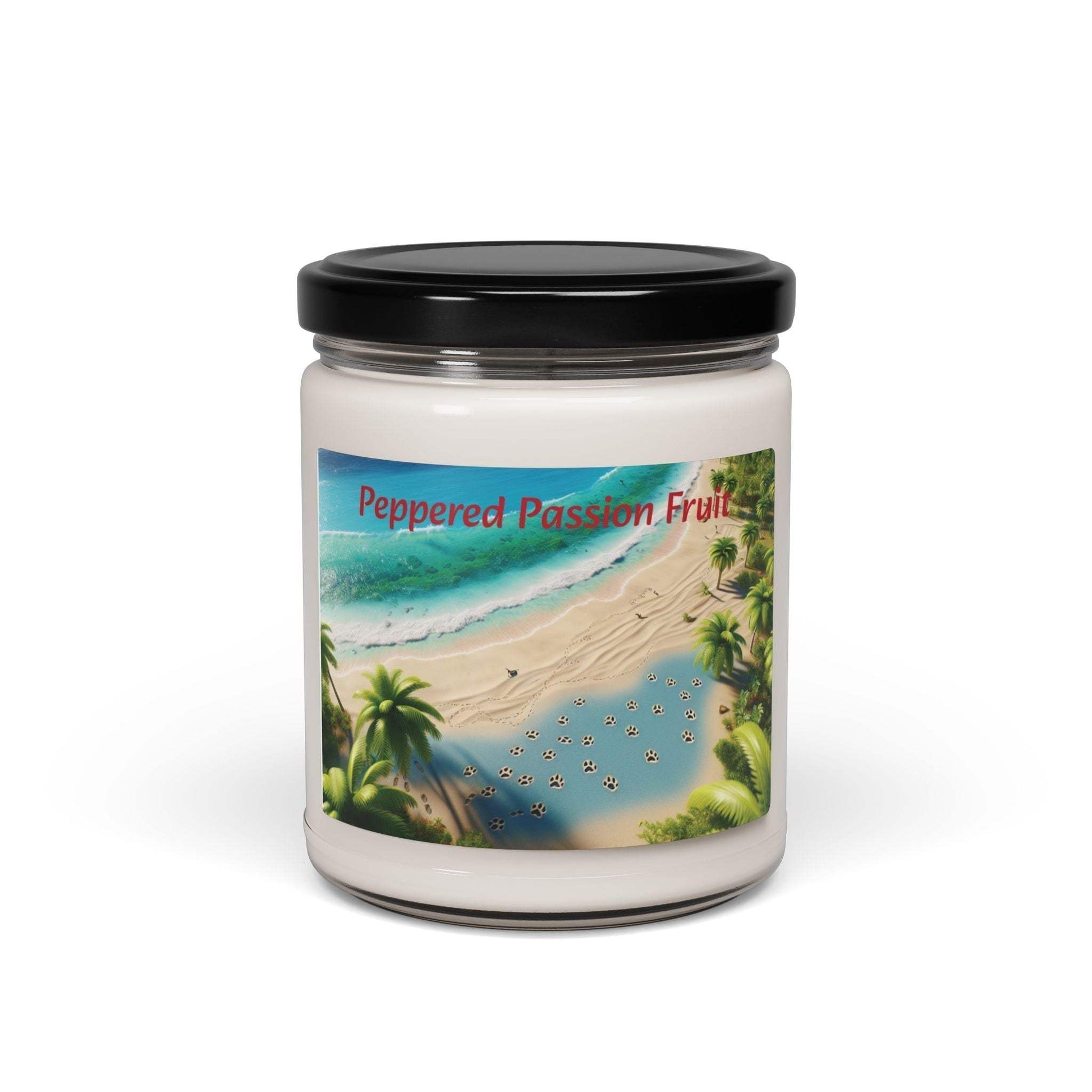 Tropical Paradise Scented Soy Candle in reusable glass jar with beach-themed label.