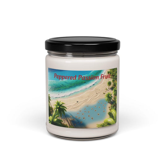 Tropical Paradise Scented Soy Candle in reusable glass jar with beach-themed label.