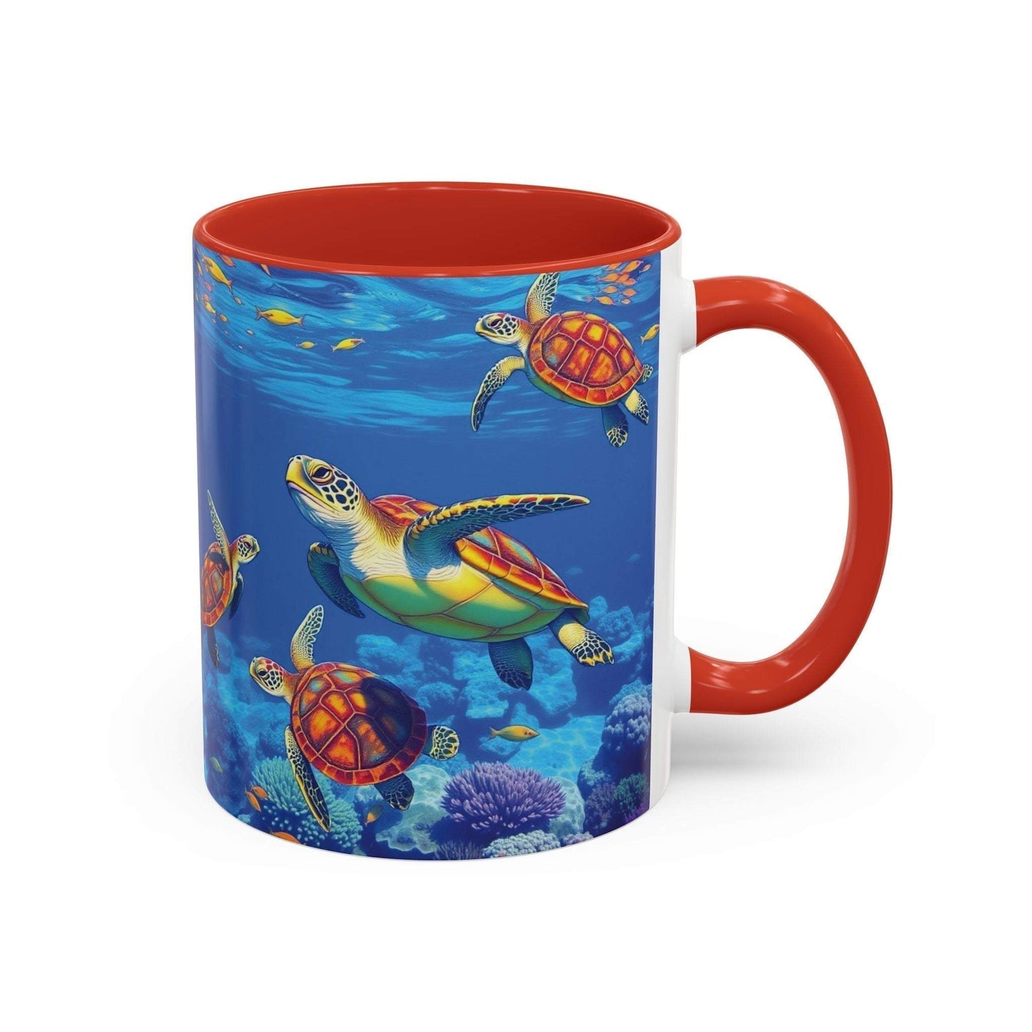 Colorful sea turtle coffee mug with ocean decor, vibrant colors, and glossy finish.