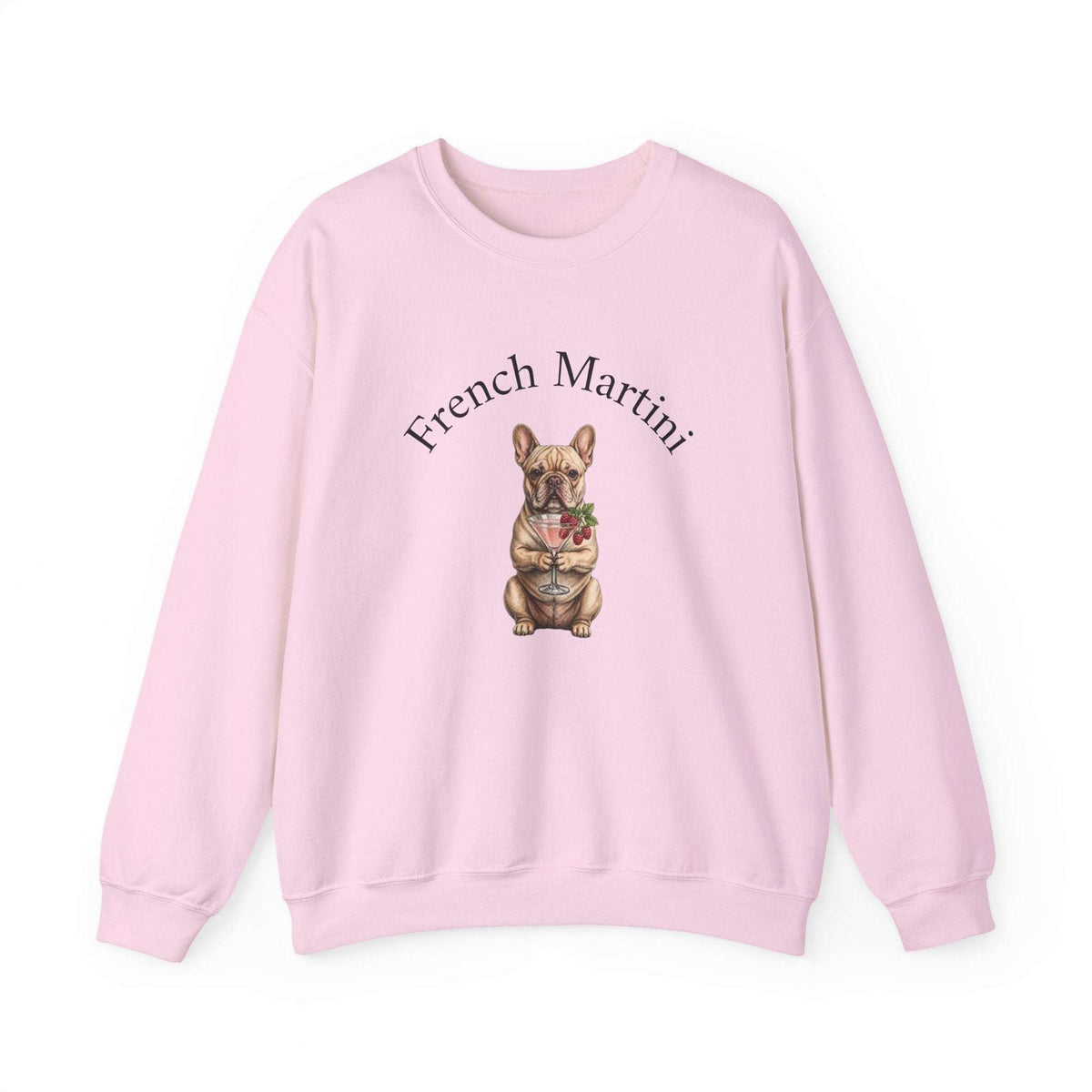 Unisex French Bulldog Martini Sweatshirt by Skylaki with black-and-white dog graphic and "French Martini" text