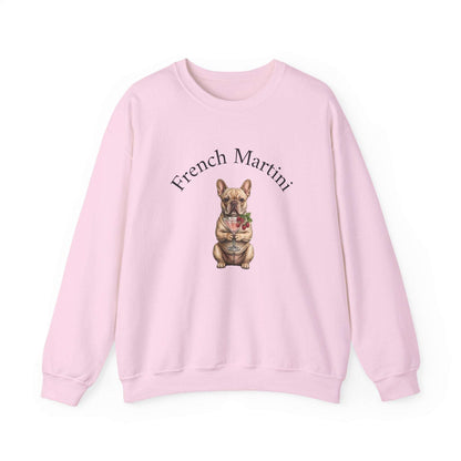 Unisex French Bulldog Martini Sweatshirt by Skylaki with black-and-white dog graphic and "French Martini" text