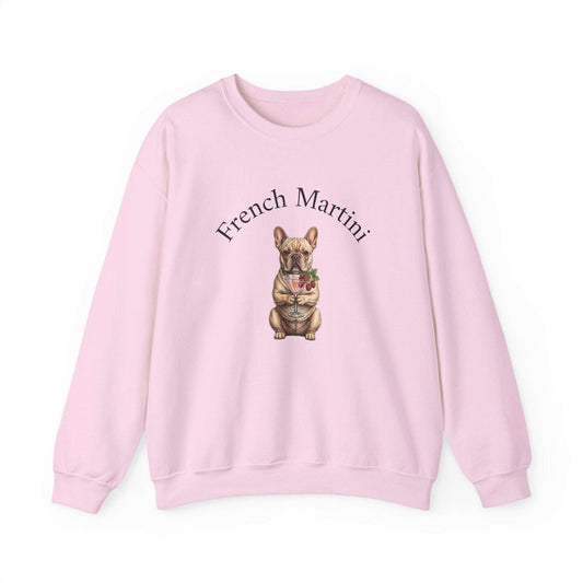 Unisex French Bulldog Martini Sweatshirt by Skylaki with black-and-white dog graphic and "French Martini" text