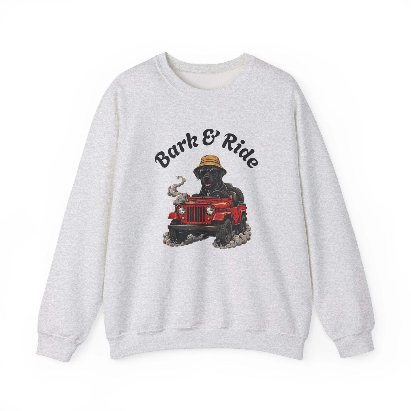 Crewneck sweatshirt with a black lab wearing a straw hat driving a red jeep graphic