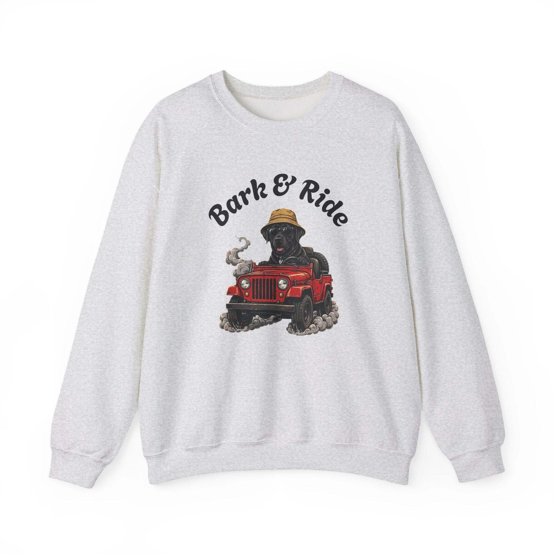 Crewneck sweatshirt with a black lab wearing a straw hat driving a red jeep graphic