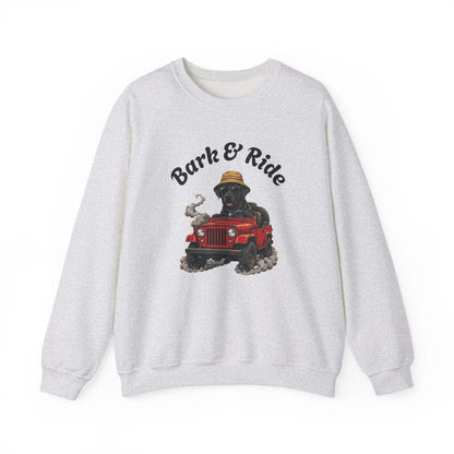 Crewneck sweatshirt with a black lab wearing a straw hat driving a red jeep graphic