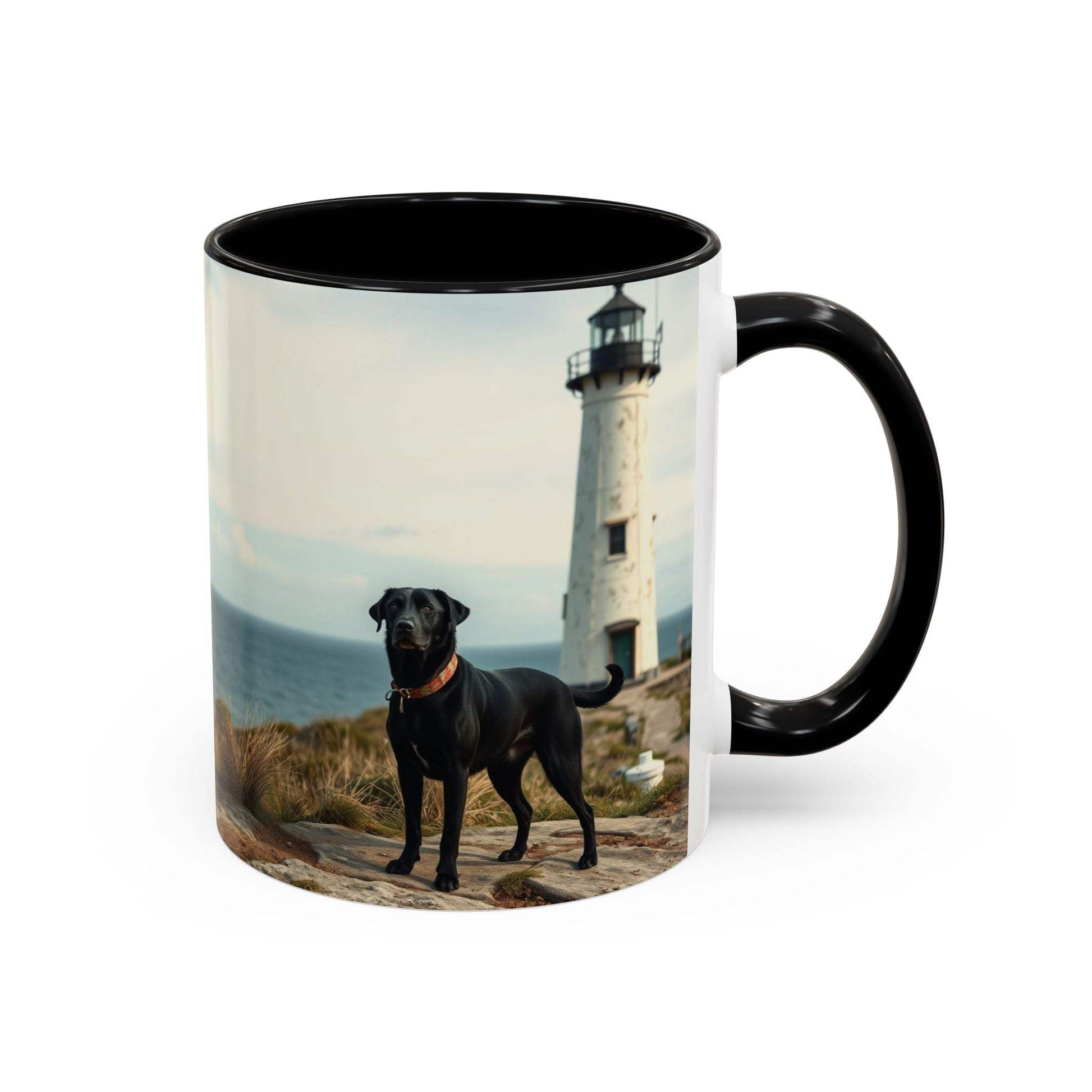 Ocean-themed coffee mug with lighthouse and dog design, coastal vibe home decor.