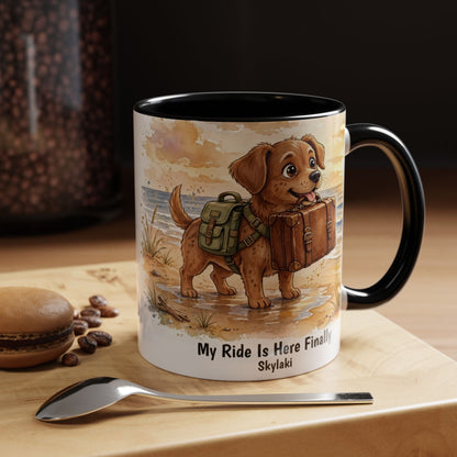 Funny dog beach mug with seaside scene and colorful interior