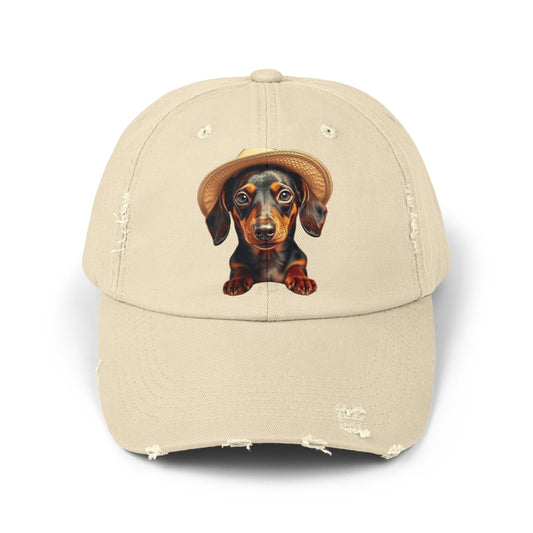 Distressed baseball cap with dachshund design for dog lovers.